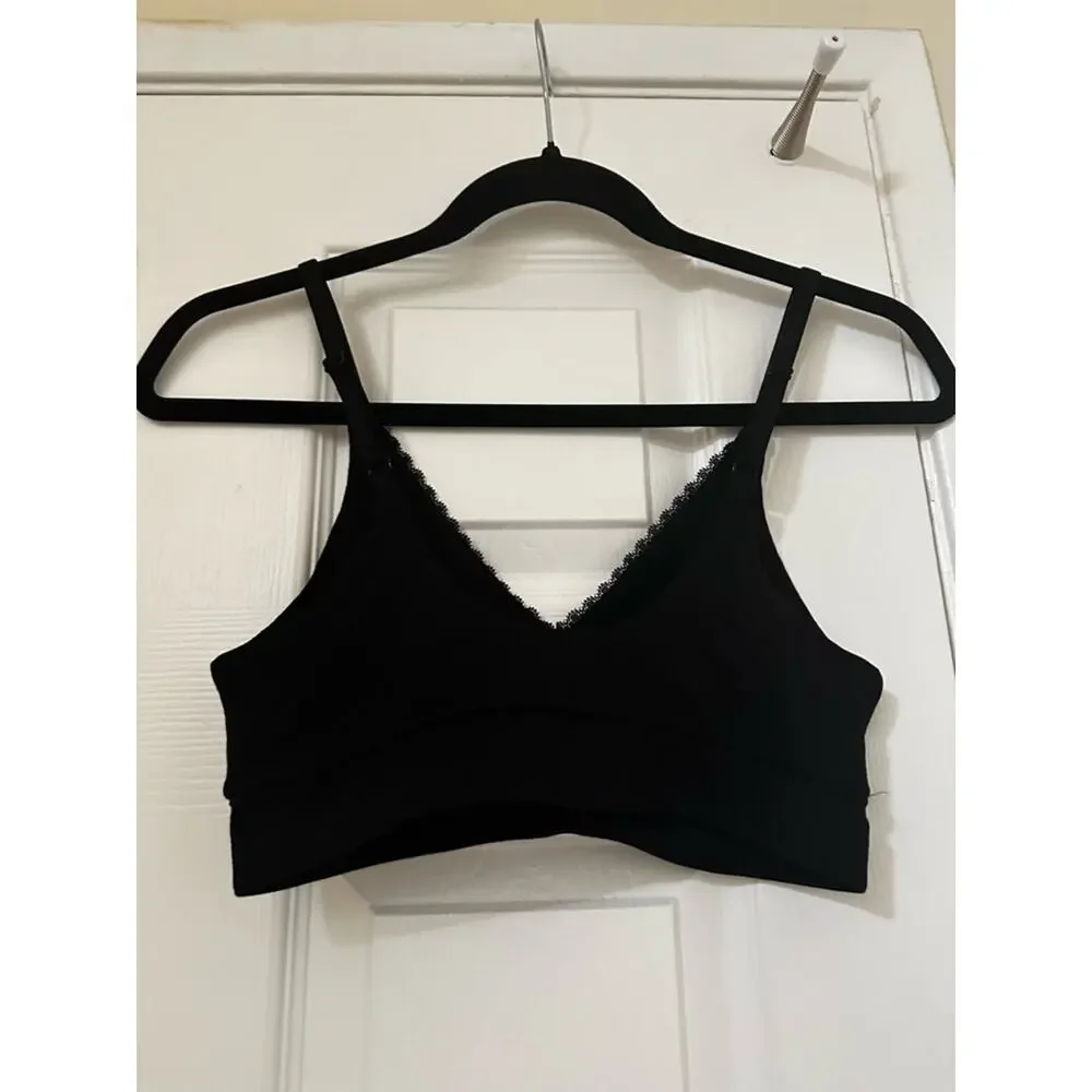 NWT Pact Sz S Black Organic Cotton Pretty Plunge Lace Trim Wireless Bralette - Picture 7 of 9
